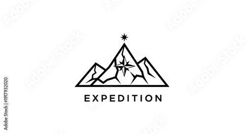 Minimalist Mountain Expedition Logo with Compass Star and Peaks Design