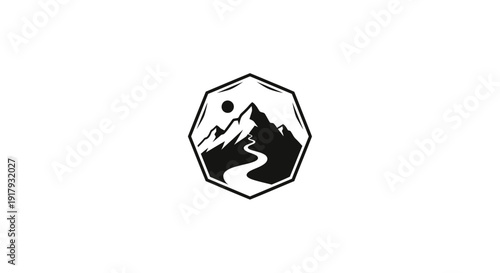 Minimalist mountain logo with winding path and sun in octagonal frame