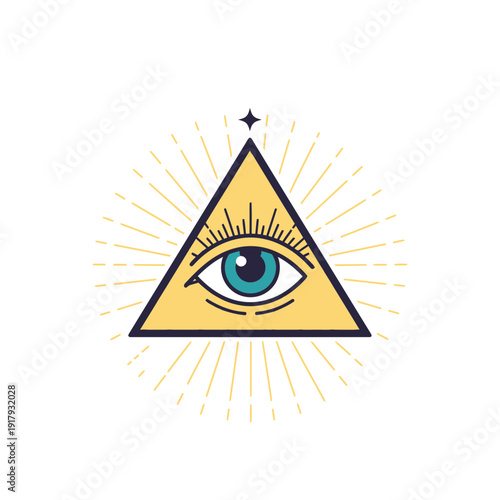 "An illustrated all-seeing eye symbol within a geometric triangle surrounded by radiant lines, embodying the themes of religion, Easter, and spiritual enlightenment."
