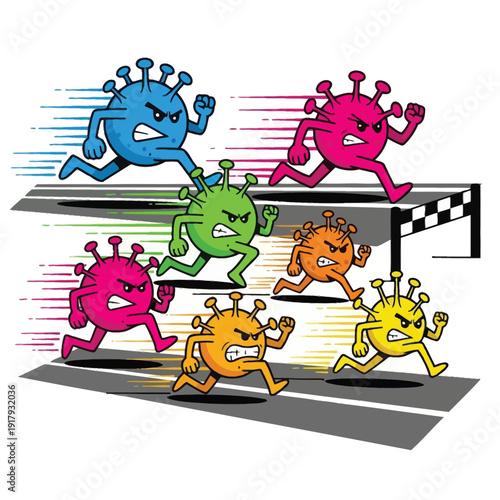 Multiple anthropomorphic viruses of different colors are racing towards a checkered finish line, depicting the spread or race against the pandemic.