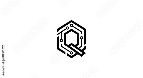 Modern Q letter technology logo, hexagonal circuit board design, digital data concept