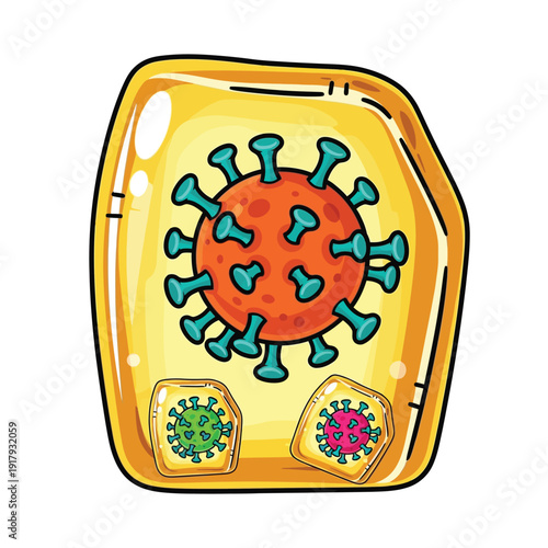 A stylized cell illustration contains a large cartoon virus at its center, with two smaller viruses embedded in the cell wall, representing infection.