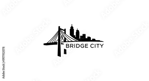 Modern Urban City Skyline and Suspension Bridge Silhouette Vector Icon