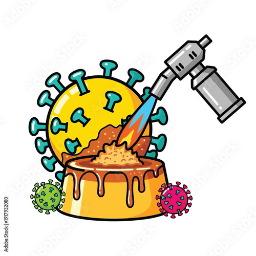 A whimsical illustration of a virus character torching a creme brulee, representing fighting or overcoming the pandemic with a humorous approach.