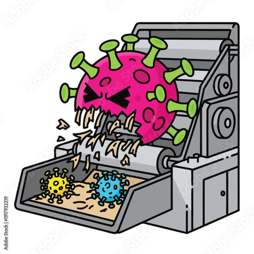 A menacing virus character being crushed and shredded by machinery, representing destruction, elimination, or overcoming the pandemic.