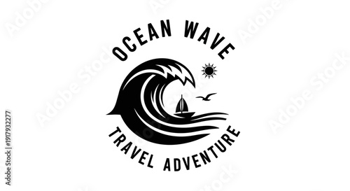 Ocean Wave Travel Adventure Logo with Sailboat, Sun, and Birds - Monochrome Design