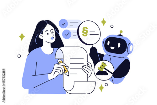 Character using law ai agent for business contract analysis. Predictive justice, legal tech  vector outline illustration.
