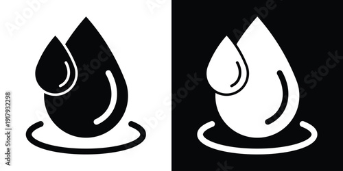 Group of three water drops of varying sizes. Modern icon set for weather, rain, or skincare products. High-contrast vector graphics in outline and flat styles for web and print.