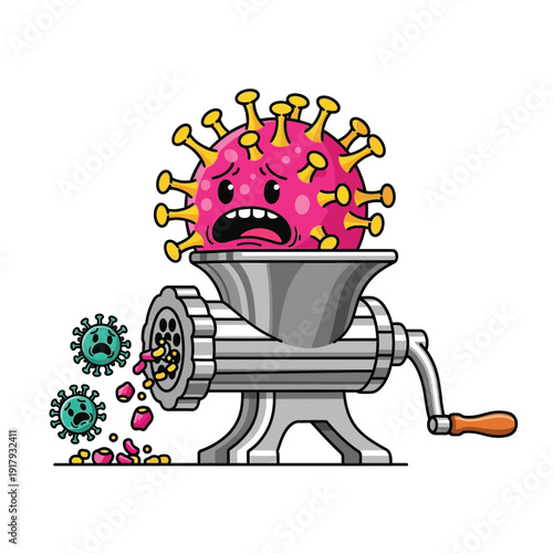 A graphic illustration of a terrified virus being processed through a meat grinder, symbolizing the complete destruction and elimination of viruses.