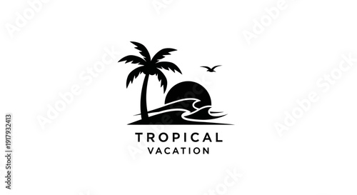 Tropical Vacation Silhouette Logo: Palm Tree, Setting Sun, Ocean Waves and Flying Bird