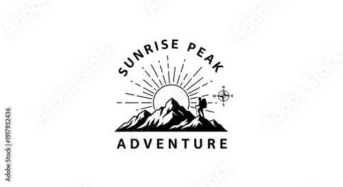 Sunrise Peak Adventure Logo with Mountain Hiker and Compass Rose