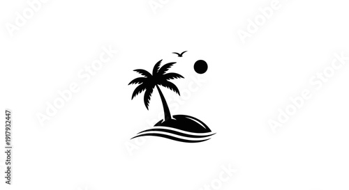 Tropical island palm tree silhouette with sun and bird, minimalist vector icon design