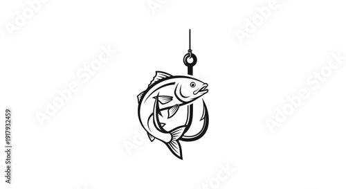 Woodcut Style Illustration of a Fish Caught on a Fishing Hook