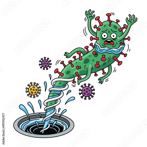 An illustration of a frightened virus being flushed down a drain, representing the successful disposal and elimination of harmful viruses.