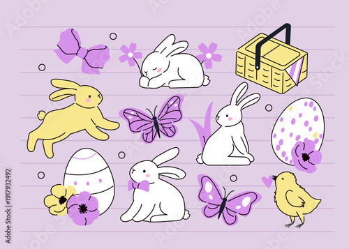 Cute bunnies, chick, eggs and other decorative spring elements. Easter season vector collection.