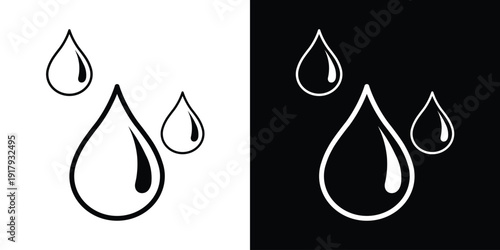 Group of three water drops of varying sizes. Modern icon set for weather, rain, or skincare products. High-contrast vector graphics in outline and flat styles for web and print.