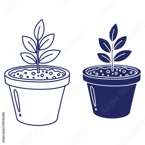 Two simple potted plants line drawing in blue illustration representing growth and new beginnings