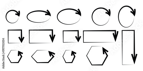 Set of geometric outline arrows showing rotation and flow in circular and rectangular paths