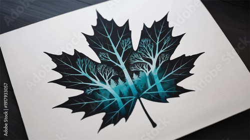 Enchanting watercolor artwork: a black maple leaf silhouette reveals a glowing turquoise forest and delicate aqua branches within, in blue-teal gradients.