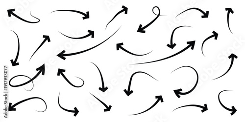 Collection of elegant black curved arrows with sharp points for dynamic motion design