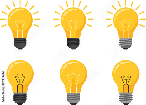 Light bulb idea concept icon set with glowing lamp illustrations in flat design style isolated on white background
