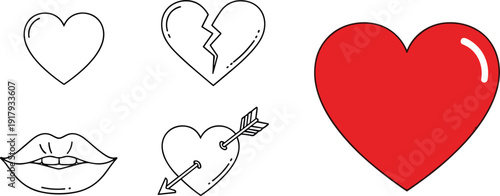 Love and heartbreak icon set with red heart broken heart lips and arrow outline vector illustration isolated on white background