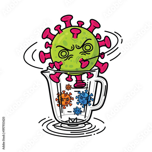 A cartoon green virus looks dizzy and unwell inside a glass blender with other colorful viruses. This image humorously depicts the process of elimination or destruction of the illness.