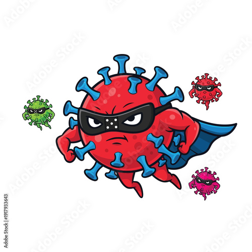 A brave red virus, depicted as a superhero with a mask and cape, soars through the air with confidence. Smaller, defeated viruses surround it, symbolizing overcoming sickness and infection.