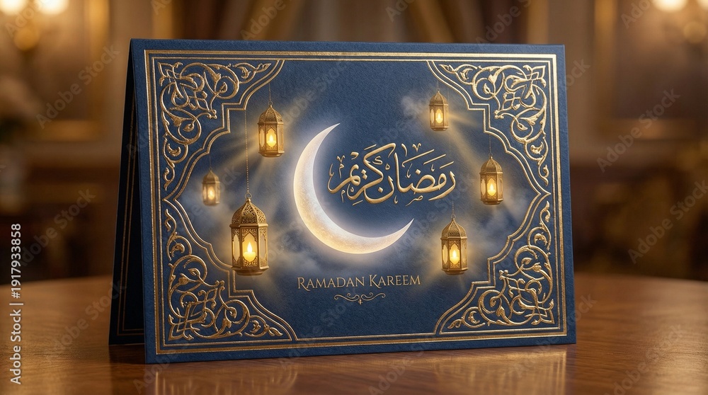 Fototapeta premium Luxury Ramadan Kareem Greeting Card with Ornate Golden Islamic Patterns