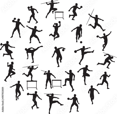 Collection of black silhouettes of people playing sports and exercising