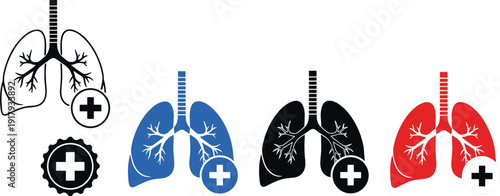 Lung health icon set with medical cross symbol isolated on white background healthcare vector illustration