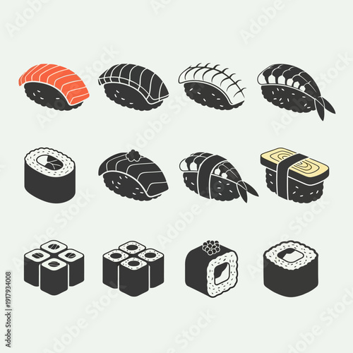 Twelve different types of sushi and maki rolls in a flat black and white line art style with one piece featuring orange salmon, isolated on a light gray background