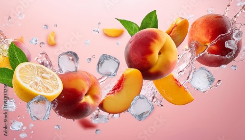 falling and flying fresh half lemon half peaches and ice cubes fresh lemonade pink background