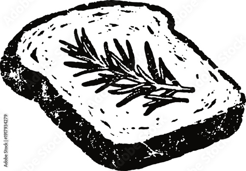 Slice of bread with herb sprig overlay black and white vintage engraving illustration