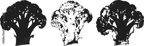 Black and white broccoli silhouettes set with rough texture and grunge design elements