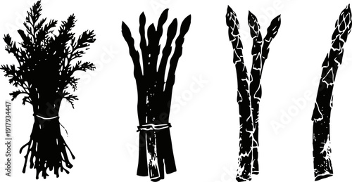 Four black silhouette bundles of fresh herbs and asparagus stalks isolated on white background