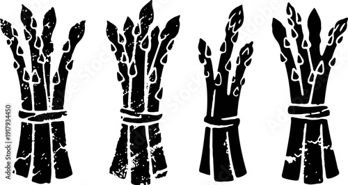 hand drawn black asparagus bundles set with rustic texture and simple outline illustration