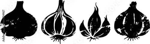 black garlic silhouettes set whole bulbs and cloves isolated on white background cooking and organic ingredient illustration