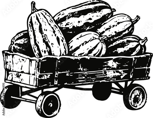 Wooden wagon filled with large pumpkins and gourds in vintage black and white illustration