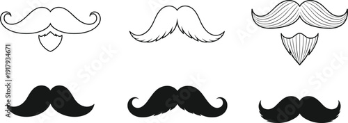 Mustache silhouette set with beard variations isolated on white background vintage vector illustration