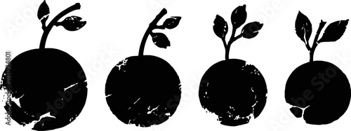 black grunge textured orange fruit silhouettes with stems and leaves in varying sizes