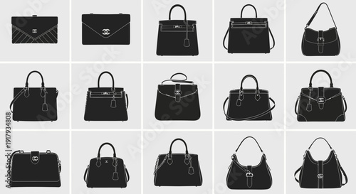 Fifteen black luxury women's handbags and purses vector collection, including clutch, shoulder bag, and tote bag styles with silver hardware, isolated on light gray background