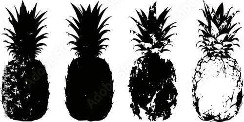 black pineapple silhouettes with rough textured effects isolated on white background, tropical fruit design