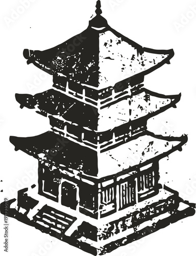 traditional pagoda temple illustration with multi tiered roof and stair entrance