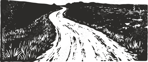 winding country road through grassy fields in black and white vintage woodcut