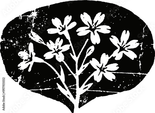 Vintage floral illustration with delicate flowers and leaves in black and white engraving