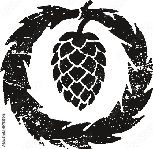 grunge hop cone surrounded by circular brushstroke wreath, beer brewing symbol