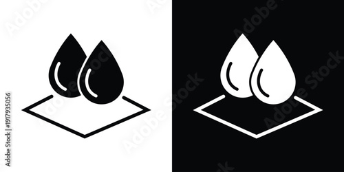 Water droplet falling onto stacked material layers. Vector icon illustrating waterproof fabric, absorbent textile technology, or multi-layer protection. Black and white technical sign.