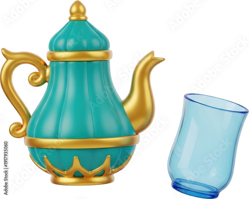 Traditional Arabic Teal Teapot and Glass Set