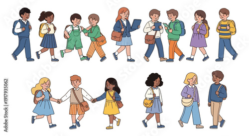 A diverse group of cheerful schoolchildren wearing backpacks walk together in a line